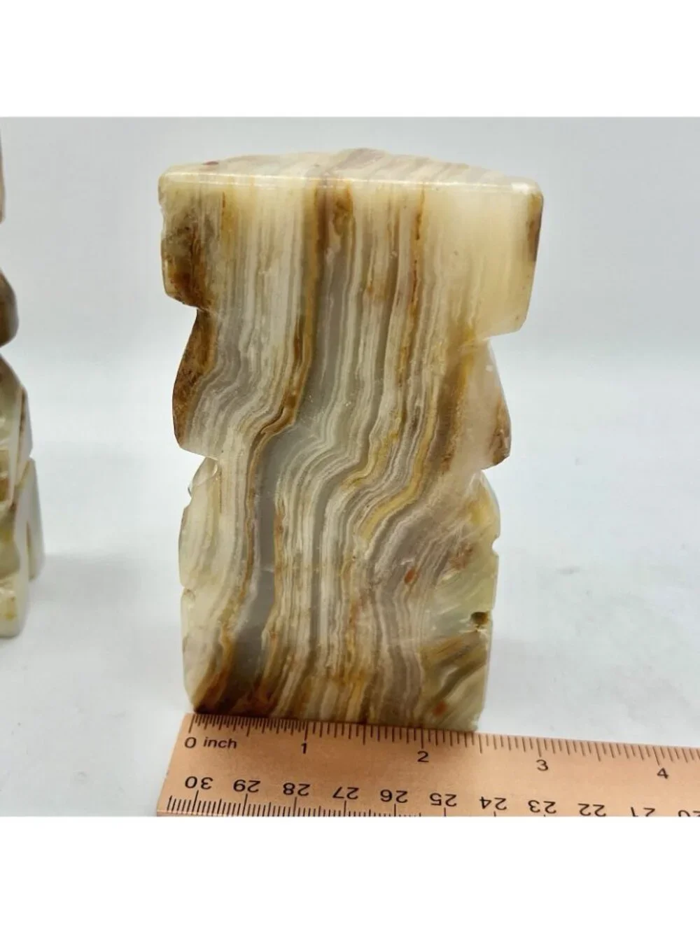 Vintage Onyx Stone Tiki Style Bookends Carved Banded Calcite Mid Century Pair